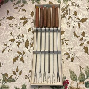 Stainless steel Fondue Forks 2 Prong Wood Handles with colored tip Mid Century
